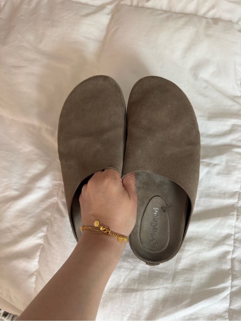 Jeffrey Campbell Genuine Suede Leather Slip on Mules/Clogs in Grey/Taupe